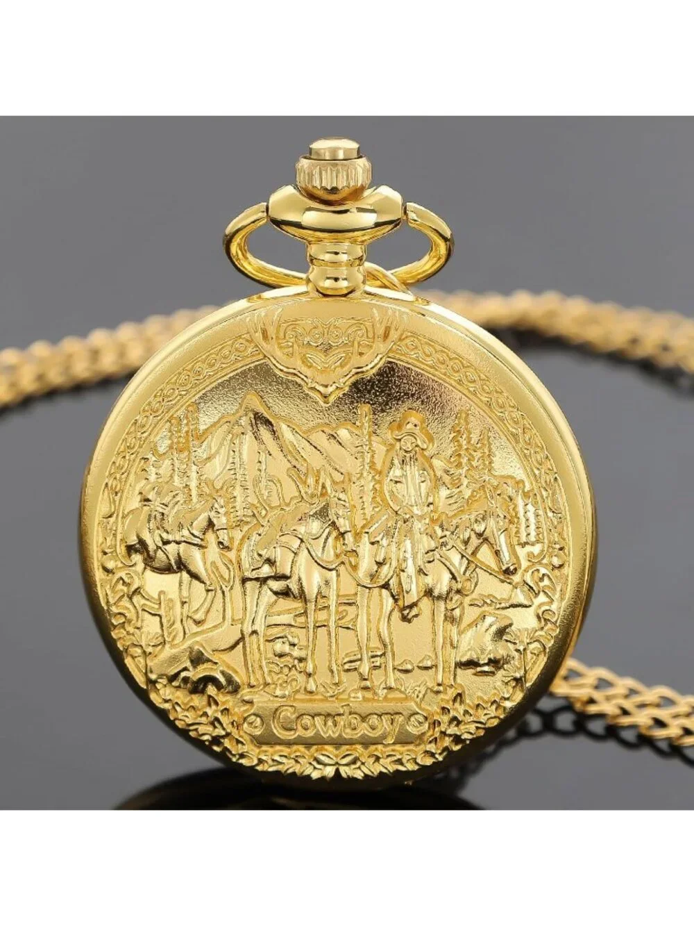 Men's Gold Analog Quartz Arabic Numerals Engraved Cowboy Vintage Pocket Watch